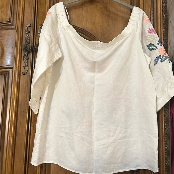 Ann Taylor Linen White Blouse Colorful Embroidered Floral Puff Sleeve Top Medium - Picture 9 of 11